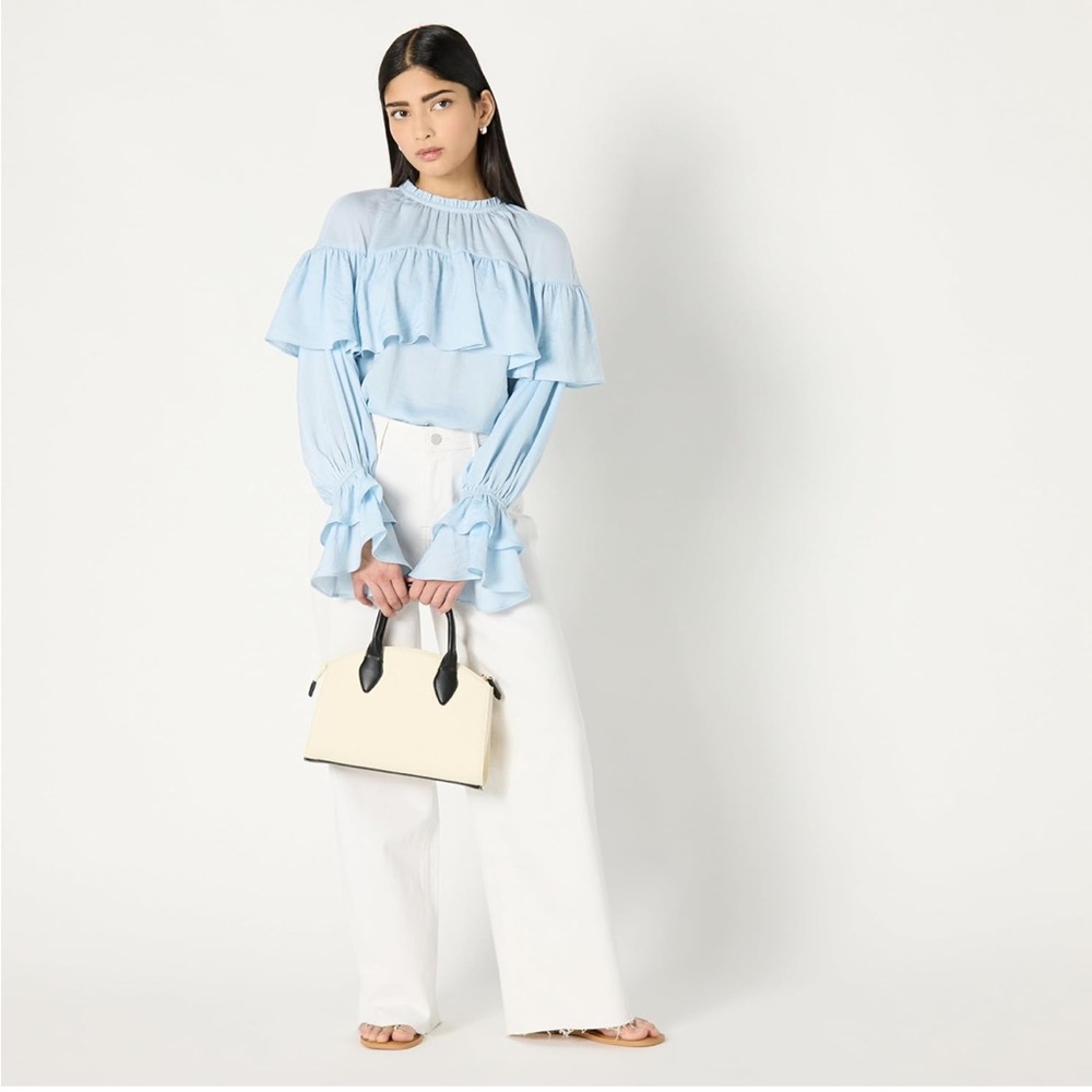 The Drop Miriam Feminine Ruffle Yoke Shine Blouse Skyway Baby Blue Large L NWT